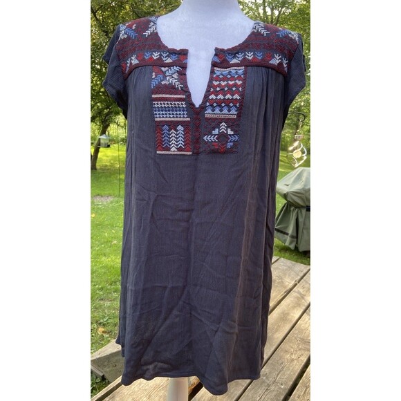Boho Navy Blue Dress Embroidered Boho Sz Medium Peasant Hippie Short Sleeve Midi - Picture 1 of 16